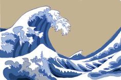 an image of a painting of a wave in blue and white colors with the moon behind it