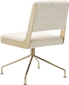 an upholstered office chair with metal legs and a white fabric seat cover on the back