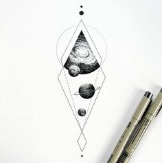 a pencil drawing of planets in a triangle