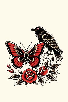 two birds sitting on top of each other next to a rose and butterfly tattoo design