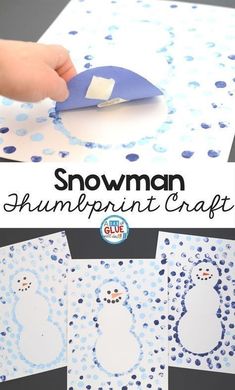 the snowman paper craft is made with blue and white polka dot paper, scissors and glue