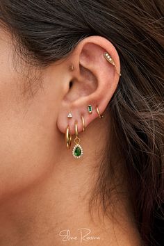 a close up of a person with ear piercings and an earring in the shape of a leaf