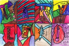 an art project with colored pencils and crayons on paper, depicting different types of