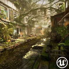 an image of the inside of a building with lots of plants and trees in it