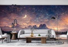 a living room filled with furniture under a sky full of stars and the moon in the distance