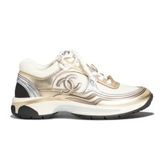 Chanel 23c White Gold Silver Cc Logo Lace Up Flat Runner Trainer Sneaker 40 ********** Chanel ********** Brand: Chanel Size: 40 (Know Your Chanel Size) Name: Trainer Color: White, Gold & Silver Style: 23c Style#: G39792 Y56368 K5450 Material: Fabric & Laminated Lace Up Tie Front Chanel Gold Cc Side Logo White Fabric Material Gold And Silver Laminated Leather Material Cc Tongue Logo Large Cc Bottom Logo *** Sold Out Super Rare *** Brand New In Box, Comes With Original Box And Dust Bag 100% Authen Chanel Trainers, Birthday Shoes, Chanel Sneakers, Shoes Chanel, Chanel Brand, Metallic Sneakers, Gold Chanel, Shoes Ideas, Trainer Sneakers