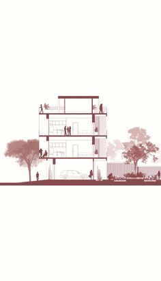 an architectural drawing of a building with people standing on the roof and trees around it