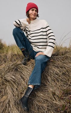 Cozy up in this relaxed fit turtleneck sweater, designed with stripes and a longer length for extra coverage and comfort. Made from ultra-soft yarns, it’s a must-have piece for effortless cool weather styling. Winter Sweater With Horizontal Stripes, Winter Striped Textured Knit Sweater, Stretch Striped Ribbed Sweater, Cozy Striped Cotton Sweater, Winter Striped Cashmere Sweater, Snow Cap, Fitted Turtleneck, Snow Caps, Striped Turtleneck