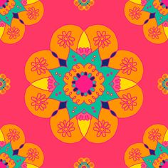 an orange and pink flower design on a red background with blue, yellow, and green accents