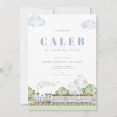 this is an image of a birthday party card with a train on the tracks and clouds in the sky