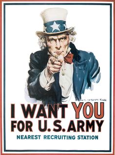 One of the most famous propaganda posters, "I Want You" featuring Uncle Sam, was originally used in WWI. I Want You Poster, James Montgomery Flagg, Arts Club, Army Poster, Recruitment Poster, Hidden Agenda, Digital Literacy, Uncle Sam, 웃긴 사진