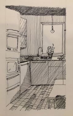 a drawing of a kitchen with an oven and sink