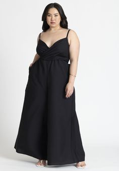 Wide Leg Jumpsuit Fitted Jumpsuits And Rompers With Spaghetti Straps And Pockets, Formal Fitted Jumpsuits And Rompers With Pockets, Formal Fitted Jumpsuits With Pockets, Plus Size Romper, Plus Size Jumpsuit, Wide Leg Jumpsuit, Fitted Bodice, Black Onyx, Stretch Cotton