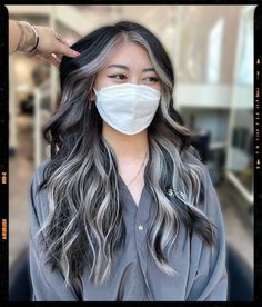 Silver & Black Black And Silver Peak A Boo Hair, Peek Through Hair Color, Ash Grey Underneath Hair, Dark Brown Hair With Grey Underneath, Silver Balayage With Money Piece, Dark Hair With Grey Underneath, Front Grey Highlights, Dark Brown White Highlights, Dark Grey Hair Color Ideas