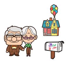 an elderly couple holding hands in front of mailbox and house with balloons on it