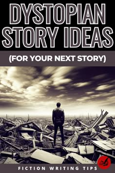 a man standing on top of a pile of rubble with the words dystopian story ideas for your next story