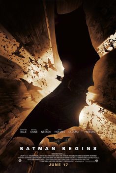 the poster for batman begins is shown in black and yellow colors, as well as an image of bats