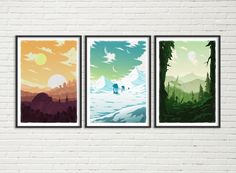 three posters on a brick wall depicting the four different types of mountains and trees, each with