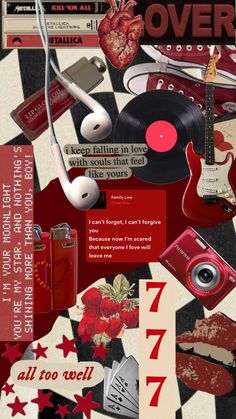 a collage of red and white items including an old record player, headphones, mp3 player, tape recorder, heart - shaped magnets