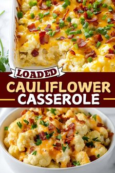 loaded cauliflower casserole with bacon and green onions in a white dish