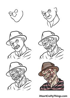 the four faces of clowns with different facial expressions on their face, including one man's head