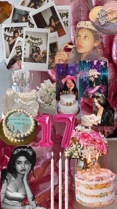 a collage of photos, candles, and cake with pictures on the wall behind it