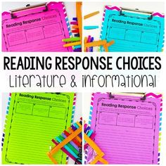 reading response choices for the literature and informational unit with colorful paper clippings