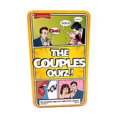 the couples quiz board game is shown in front of a white background with comic characters