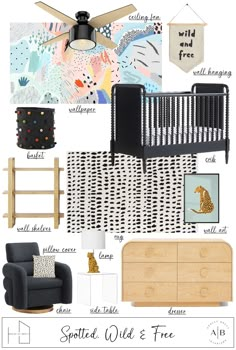 a baby's nursery room with black and white accents, wood furniture, and wall hangings