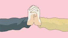 two hands are holding each other in front of a pink background