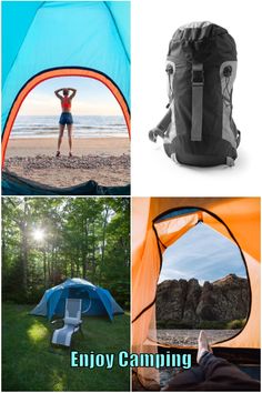 there are four different pictures with the words enjoy camping in front of them and an image of a person standing near a tent