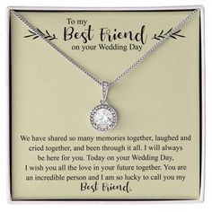 the best friend on your wedding day necklace is displayed in a box with an inscription