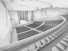 an empty auditorium with rows of seats in the center and walls that have geometric designs on them