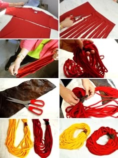 several pictures showing different types of red and yellow cords with scissors in each one, while the other shows how to tie them together