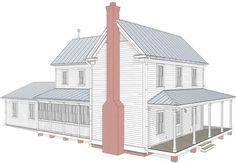 a drawing of a white house with a red chimney