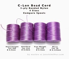 four spools of purple colored thread on white background with text that says c - lon bead cord