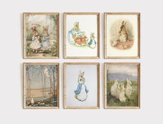 four framed pictures of peter rabbit and other animals