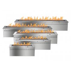 four stainless steel fire pits with flames on each side and one burning in the middle