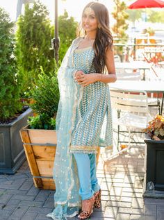 Suit Churidar: Sky Blue Spaghetti Strap Kurti with sequin embroidery – B Anu Designs Powder Blue Color