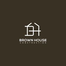 the brown house construction logo is shown on a black and white background, with an arrow pointing