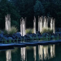 the lights are reflecting in the water near the rocks and grass on the edge of the pond