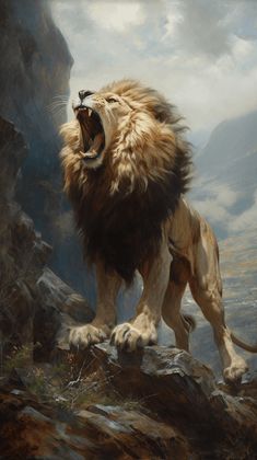 a painting of a roaring lion on a rocky hillside