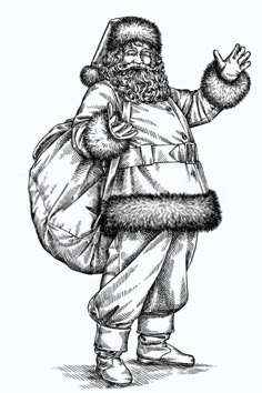 a drawing of santa claus holding a bag