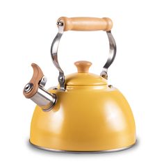 a yellow tea kettle with a wooden handle on a white background and clippings