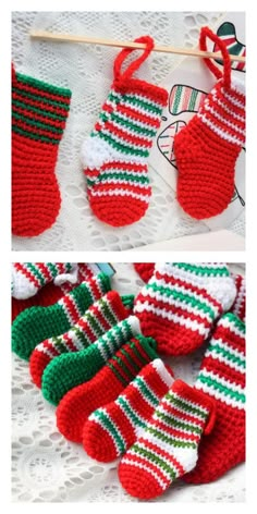 crocheted christmas stockings and mittens are hanging on a clothes line with knitting needles