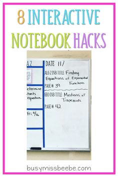 a whiteboard with the words 8 interactive notebook hacks on it and an image of a