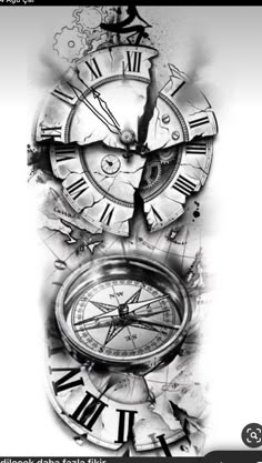 a black and white photo with an old clock on it's side that is torn apart