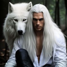 a man with long white hair sitting next to a wolf