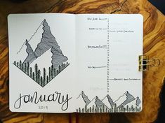 an open planner with mountains and trees on it