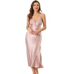 This midi nightgown has no Chest Pads. This satin sleep dress for women is soft, lightweight, breathable and comfortable to wear as.This dress designed with solid color and v-neck makes the sleepwear nice but elegant, and you have different color choice to match it with your heart. No matter the cozy bedtime, casual home relax, laze afternoon, comfy bath, the soft and lightweight women's nightdress could company with you all the time. It's good choice to be a perfect gift for your mom, wife, dau Spring Camisole Nightgown For Sleep, Pink Sleeveless Slip Dress For Wedding Night, Pink Slip Dress For Summer Nights, Pink Slip Dress For Spring Wedding, Spring Sleepwear With Spaghetti Straps, Pink Slip Dress With Spaghetti Straps For Loungewear, Pink Camisole Nightgown For Spring, Pink Slip Dress For Spring Loungewear, Pink Camisole Nightgown For Wedding Night